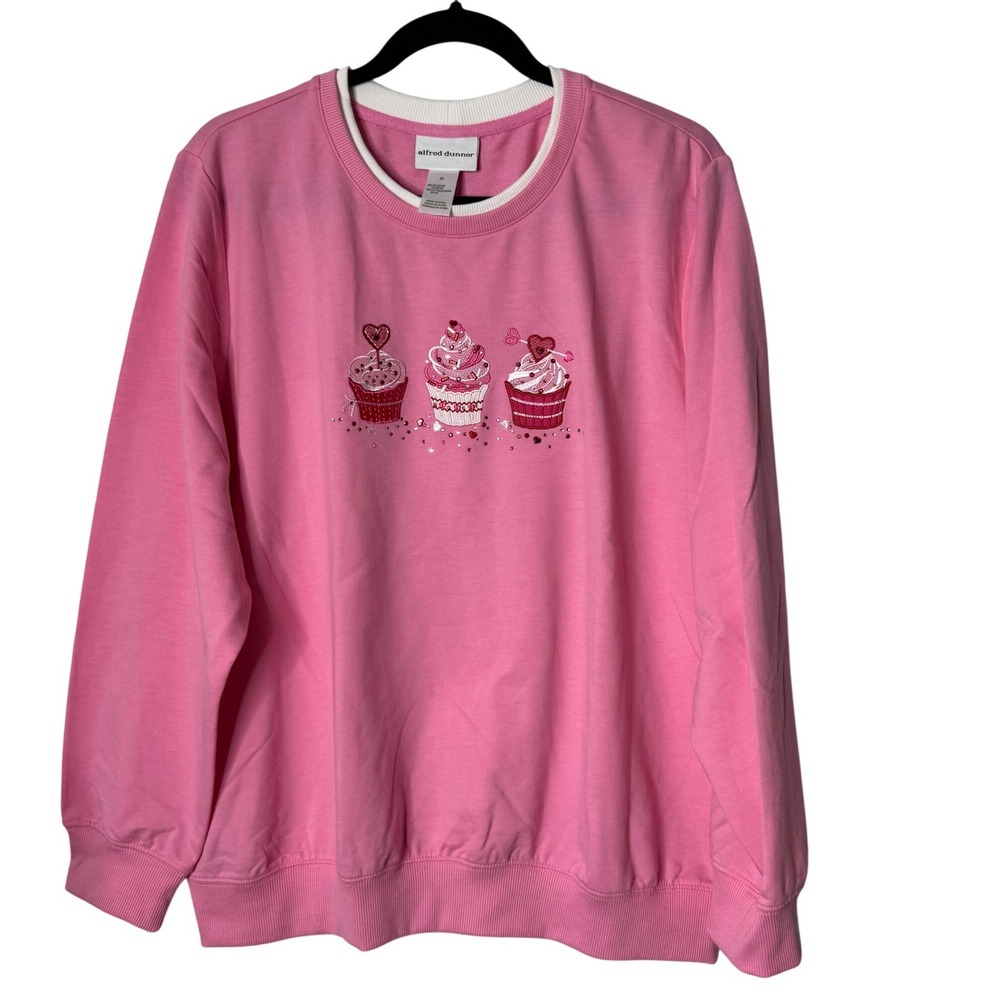 Alfred Dunner Classics Cute Pink Cupcake Embroidered Sweatshirt Womens XLNEW